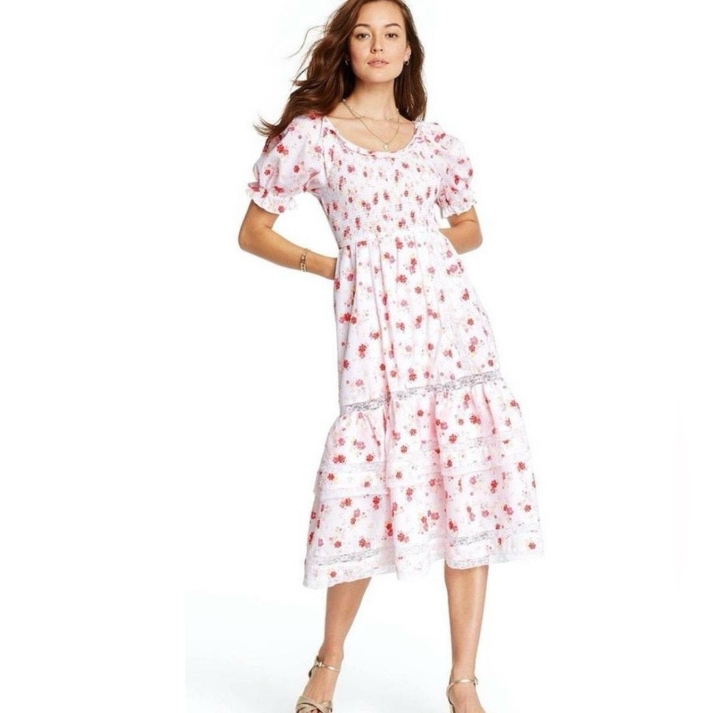 LoveShackFancy Target Cosette Floral Midi Dress medium smocked puff sleeves tier